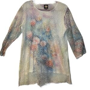 Ameri Mode dress with floral lace sleeves and mesh net on back. Size L/XL NN